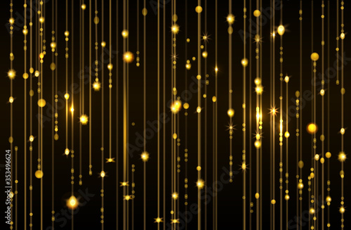 Abstract gold glitter bokeh lights vector background with falling sparkle liquid drop, golden rain or dust. Sparkling lines of gold particles with shimmer light bulb. Luxury rich texture