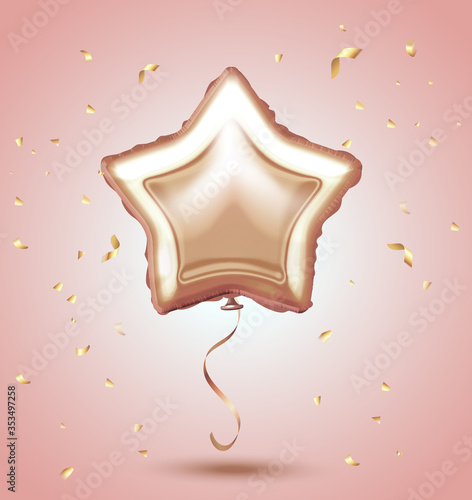 Vector elegant foil star balloon realistic 3d render air balloon in pink background with confetti. Party balloon design decoration. Balloons isolated Party decoration wedding, birthday, anniversary