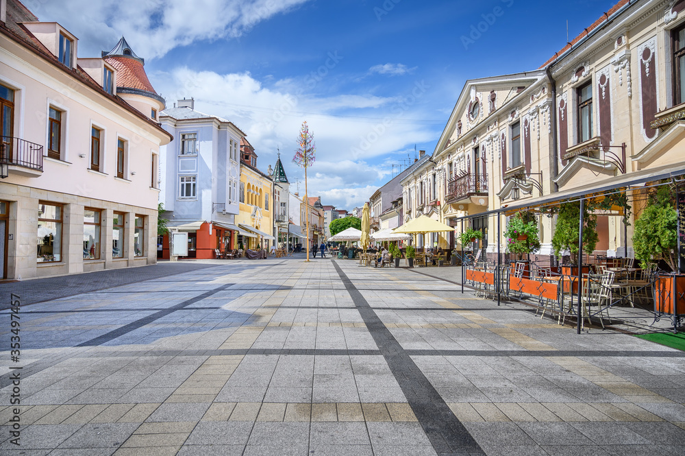 Pedestrian zone with historical buildings in centre of spa town Piestany (SLOVAKIA)