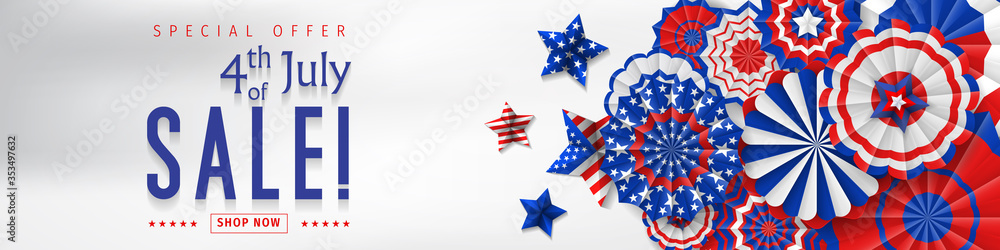 Obraz premium Banner for 4th of July Sale design. Independence day sale with 3d percent symbol. Vector illustration for business promotion.