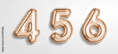Soft rose Gold balloon number 4, 5, 6 realistic 3d render air balloon. Collection of balloons number ready to use. Holiday and party. 3d vector icon set. Foil balloon number zero isolated on white