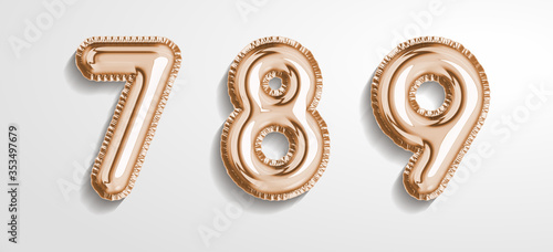 Soft rose Gold balloon number 7, 8, 9 realistic 3d render air balloon. Collection of balloons number ready to use. Holiday and party. 3d vector icon set. Foil balloon number zero isolated on white
