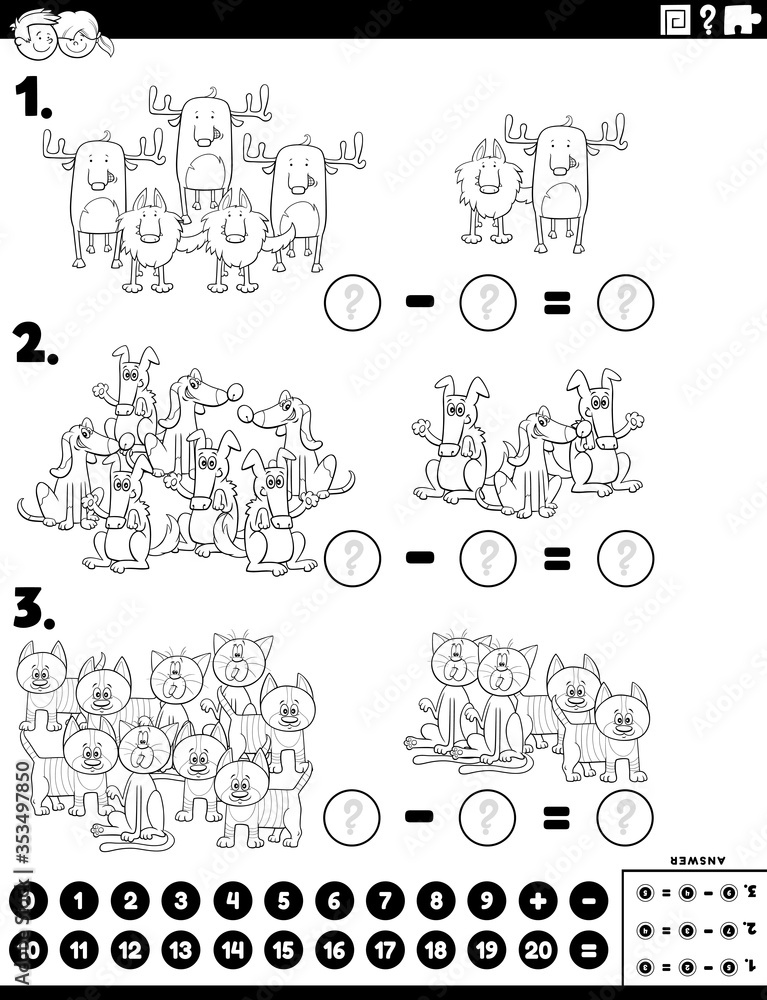 subtraction educational task with animals color book page