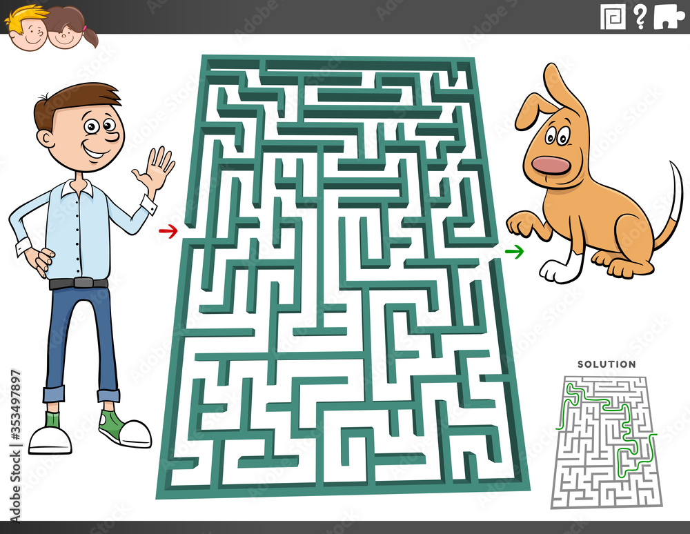 maze game with cartoon teen boy and dog maze game with cartoon teen boy and dog
