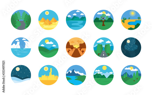 desert and Landscapes icon set, flat style