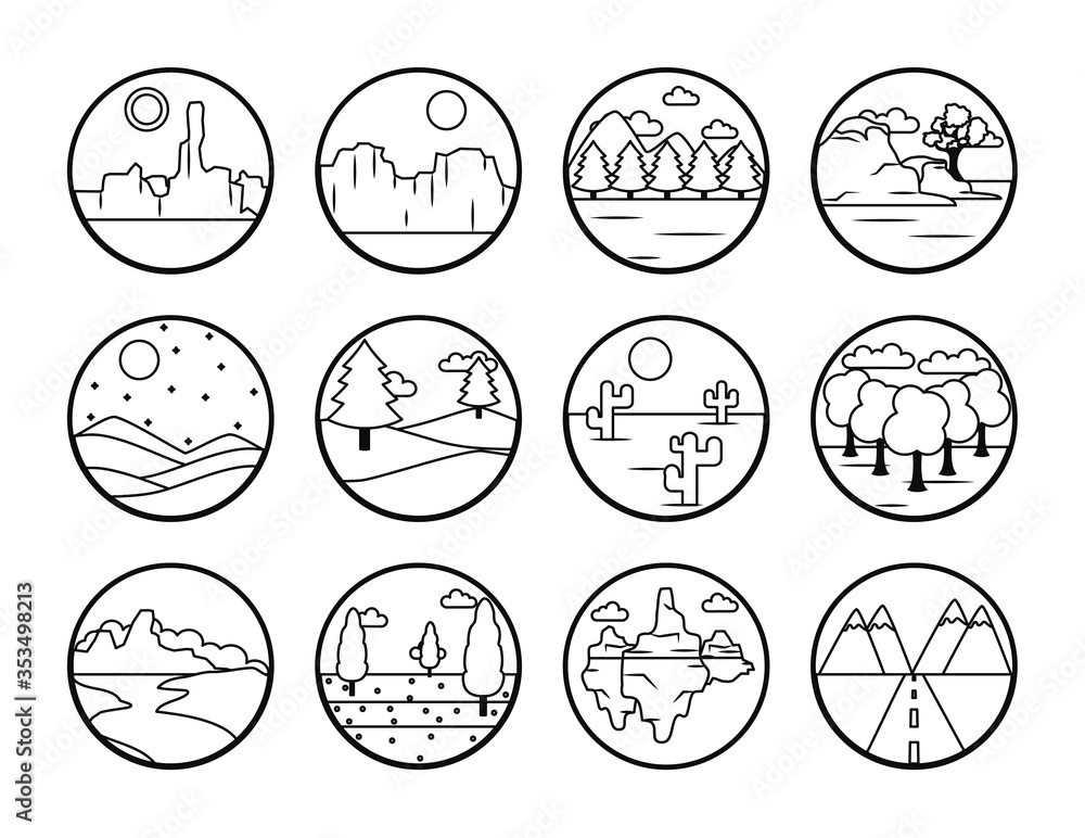 mountains and Landscapes icon set, line style