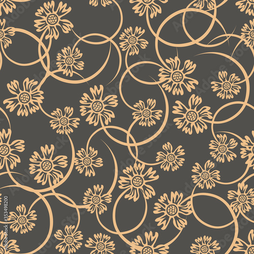 Vector floral seamless pattern. Elegant vintage ornament with small yellow flowers on brown background, branches, twigs. Liberty style millefleurs. Abstract background. Repeat geo design