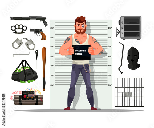 Criminal person, bank theft tools, police shot set © backup_studio