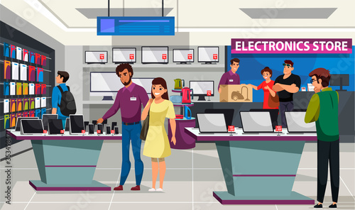 Visitor and shop assistant at electronics store