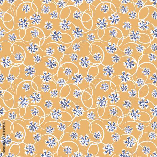 Simple vector floral seamless pattern. Cute ornament with small blue flowers on curved twigs, branches, on yellow background. Liberty style millefleurs. Abstract vintage texture. Repeatable design