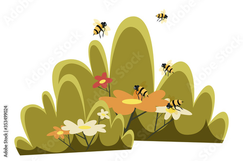 Bees pollinating flowers flat illustration