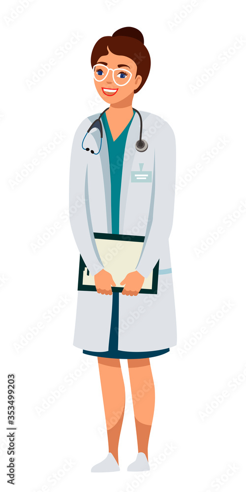 Fototapeta premium Female doctor flat vector character. Nurse, medic on white background. Therapist, physician, specialist isolated clipart. Hospital, medical clinic worker holding patient card and stethoscope.