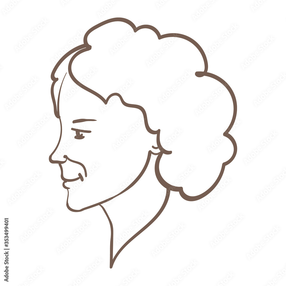 Smiling woman face with short curly hair in profile. Hand drawn line illustration on white background