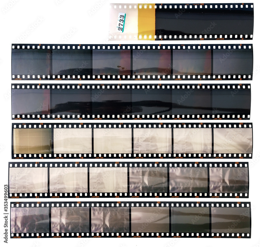 set of real long 35mm positive strips on white background, contact sheet with empty frames or film cells.