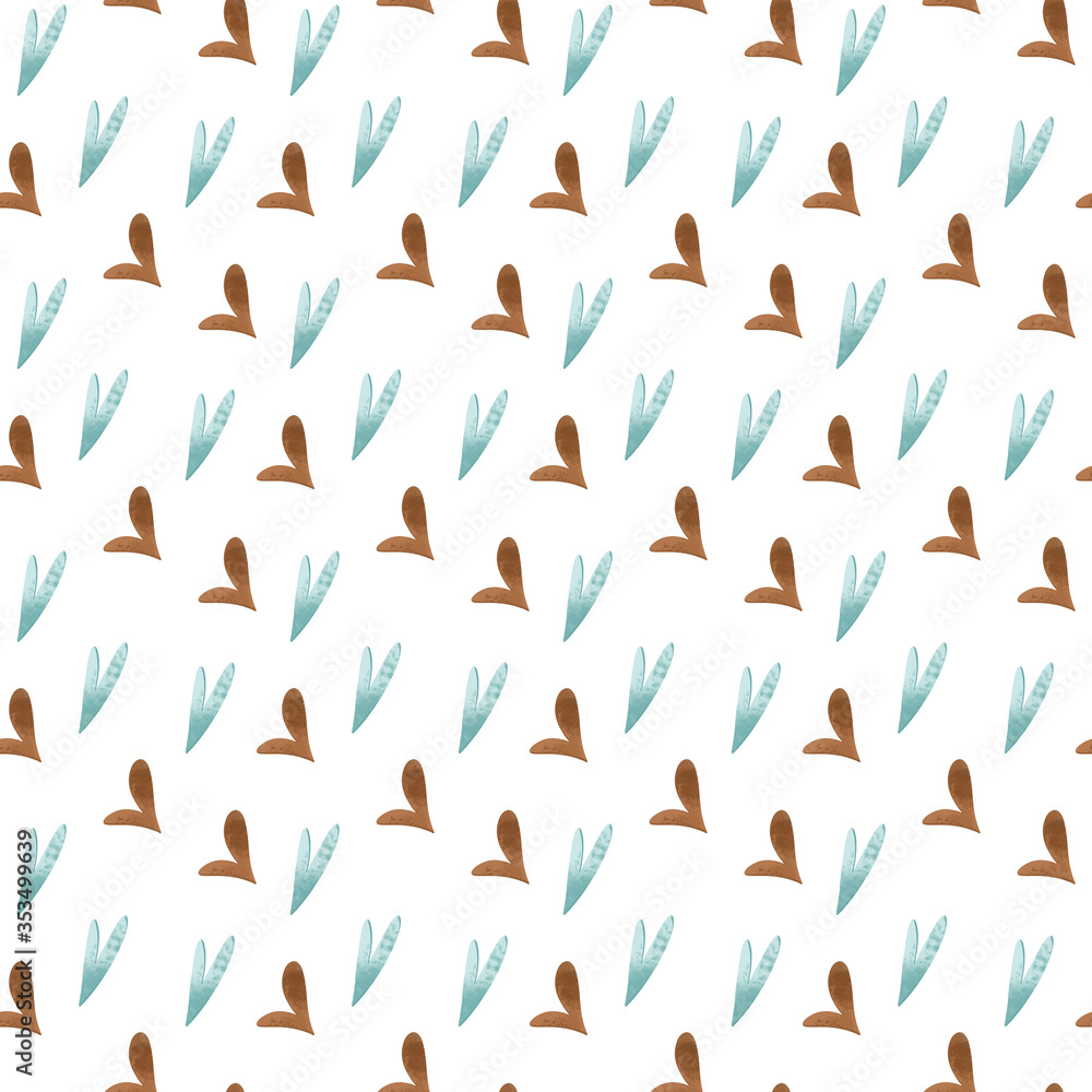 Cute brown and turquoise hearts on a white background. Textural seamless square pattern. Print for fabrics, cards, textiles, wrapping paper, banners, packaging, covers, wallpapers. Cute brown and turquoise hearts on a white background. Textural seamless square pattern. Print for fabrics, cards, textiles, wrapping paper, banners, packaging, covers, wallpapers.