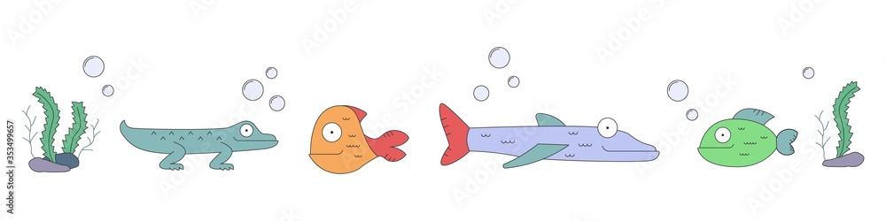 Cartoon fish set. Funny flat style ocean fishes and algae. Vector illustration isolated on white background. Cartoon fish set. Funny flat style ocean fishes and algae. Vector illustration isolated on white background.