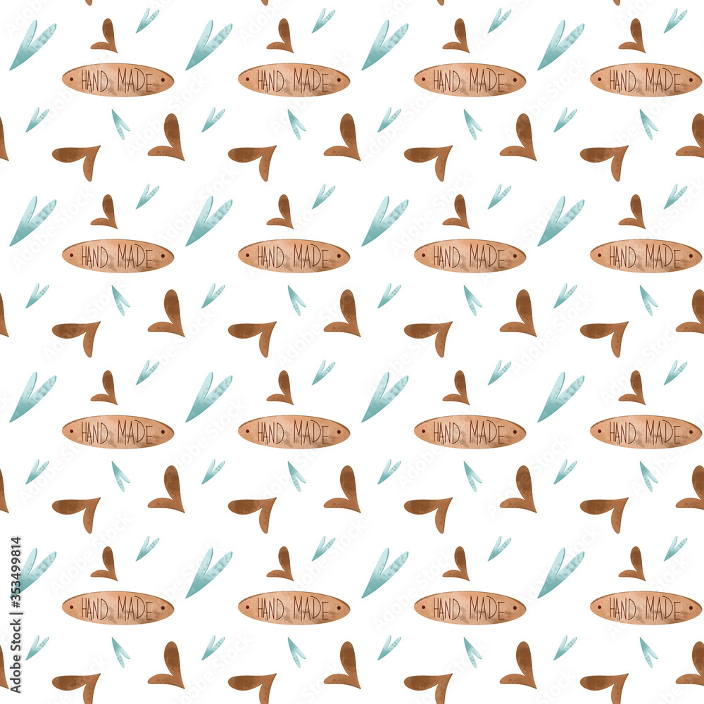 Cute inscription handmade emblem and heart on a white background. Textural seamless square pattern. Print for fabrics, cards, textiles, wrapping paper, banners, packaging, covers, wallpapers Cute inscription handmade emblem and heart on a white background. Textural seamless square pattern. Print for fabrics, cards, textiles, wrapping paper, banners, packaging, covers, wallpapers