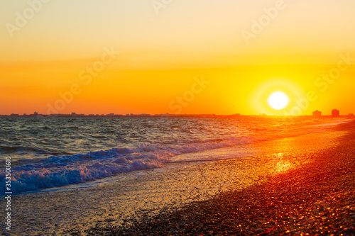 Bright summer seascape at sunset. Summer seascape copy space. Sea beach. Sea tour. Opening resorts. Evening beach. An article about vacation © alenka2194