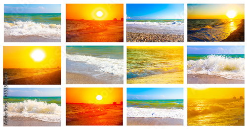 Collage seascapes. Banner sea. Sea summer landscapes. An article about summer vacation at sea. Quarantine resorts are closed. Refund due to pandemic. Several types of beach in the pink time of day
