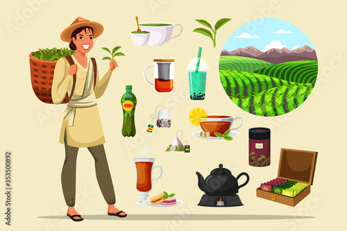 Asian woman and tea production sale supplies set