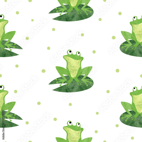 Cute watercolor frog pattern. Seamless vector background.