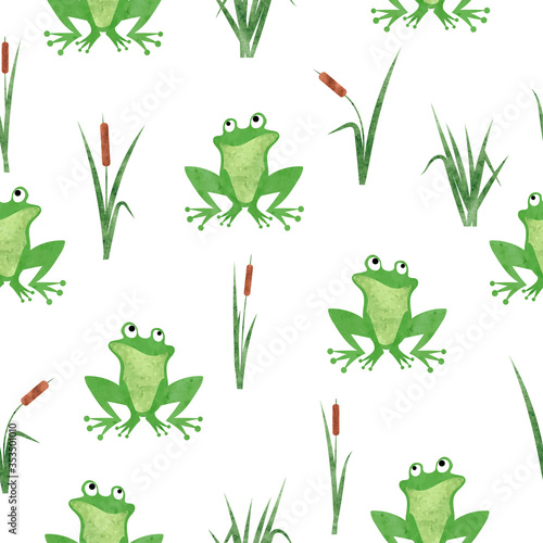 Cute watercolor frog pattern. Seamless vector marsh background.