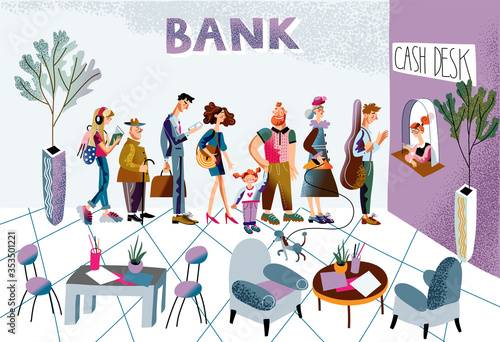 Vector characters men and women queue in bank