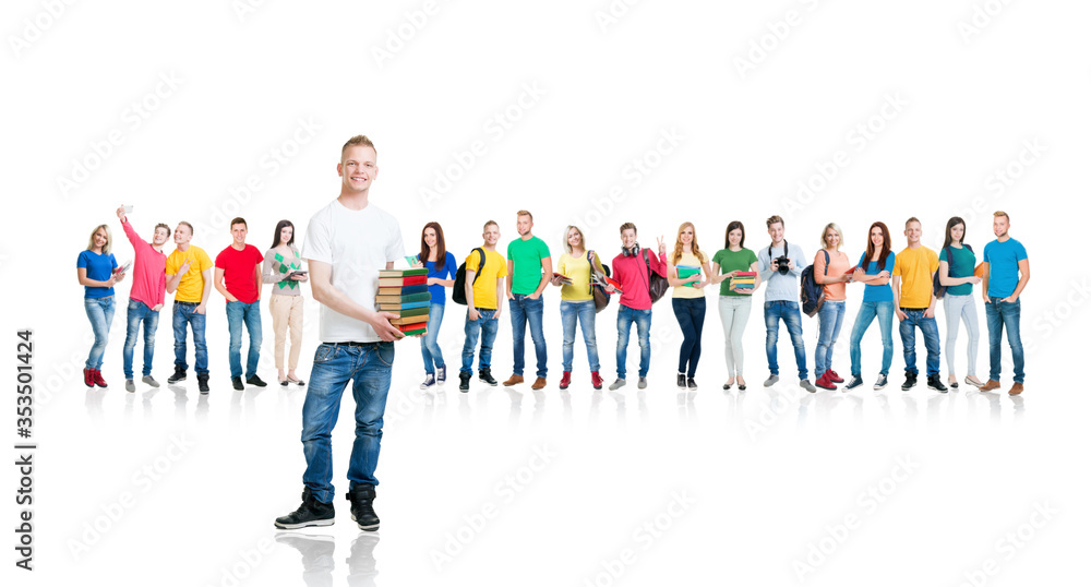 Fototapeta premium Large group of teenage students isolated on white background. Many different people standing together. School, education, college, university.