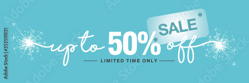 50 percent off sale handwritten and display tipography lettering sparkle firework white sea green sticker banner