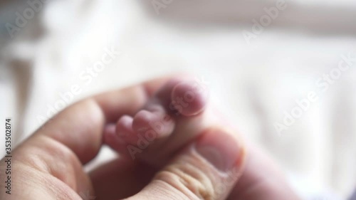 hand holding little cute newborn child foot fingers tootsy babinski sign photo