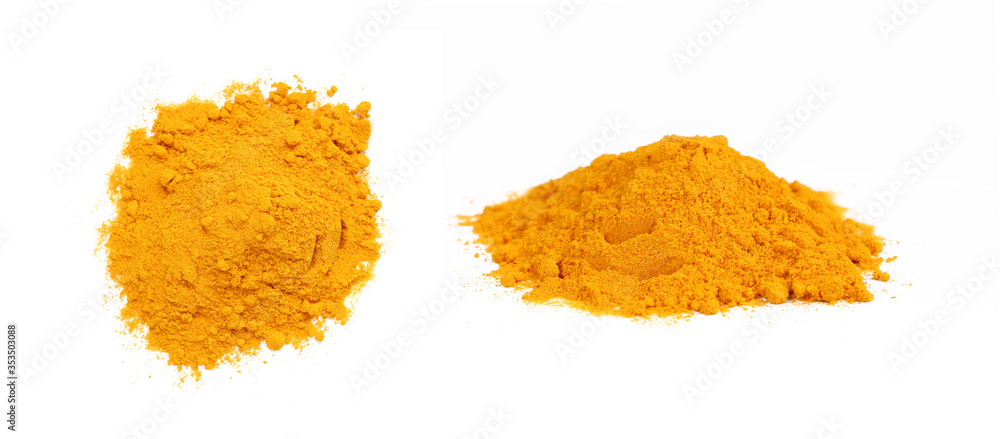 Obraz premium Turmeric powder shot from two angles isolated on white background. Indian curcuma spice