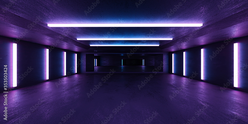 grunge industrial concrete building interior with violet and blue neon lights 3d rendering illustration