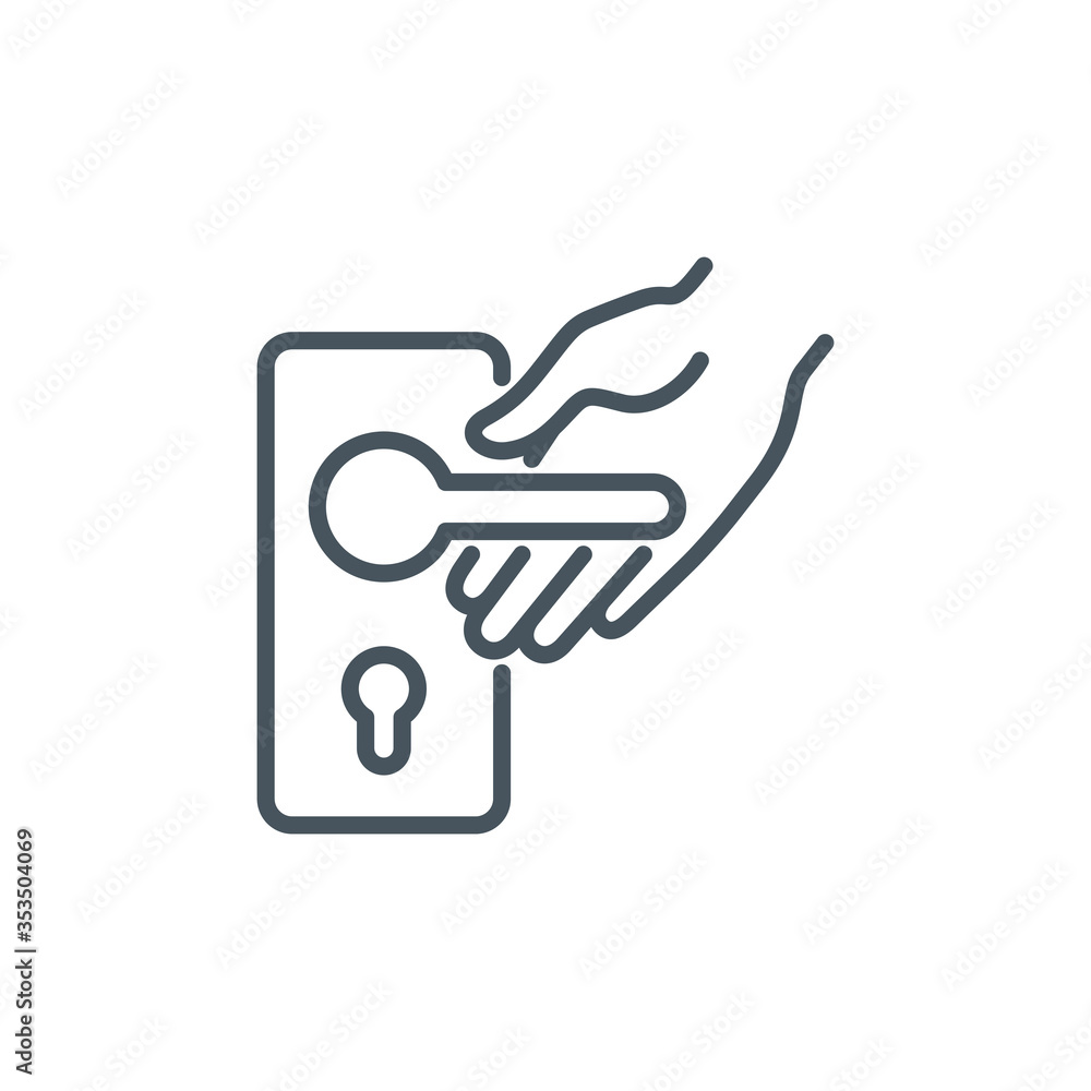 do not touch doorhandle single line icon isolated on white. Perfect outline symbol Prevention Coronavirus Covid 19 banner. warning element avoid indirect contact with infected surface editable Stroke do not touch doorhandle single line icon isolated on white. Perfect outline symbol Prevention Coronavirus Covid 19 banner. warning element avoid indirect contact with infected surface editable Stroke