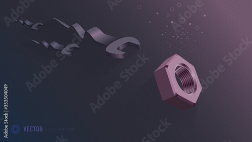 Tailed wrenches float to the pink screw-nut. Vector illustration.