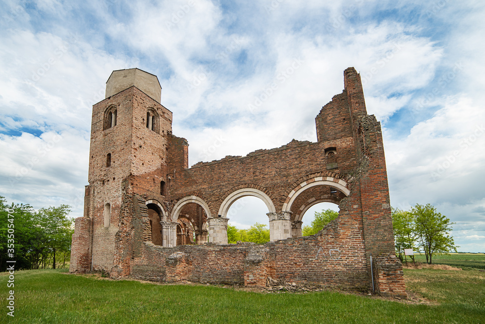 Novi Becej, Serbia - May 25, 2020: Arača (Hungarian: Aracs) is a medieval Romanesque church ruin located about 12 km of Novi Bečej, Serbia. It was built around 1230 during of the Kingdom of Hungary.