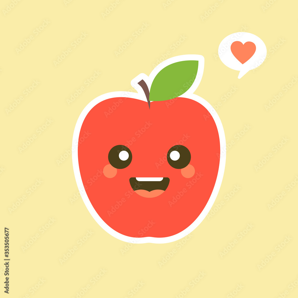 Apple character with funny face. Happy cute cartoon apple emoji. Healthy vegetarian food character vector illustration Apple character with funny face. Happy cute cartoon apple emoji. Healthy vegetarian food character vector illustration