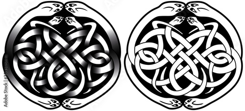 Round celtic design with snakes isolated on white, vector illustration