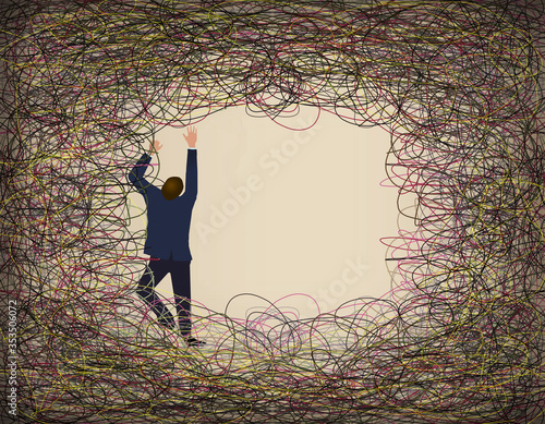 Billede på lærred A man in a suit climbs and struggles against a tangle of colored lines of wire in an illustration about overcoming any difficult situation