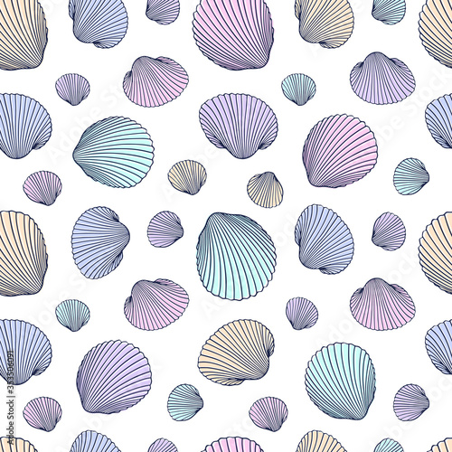 Seamless shell pattern. Vector Illustration of hand drawn seashells in doodle style. Beach design.