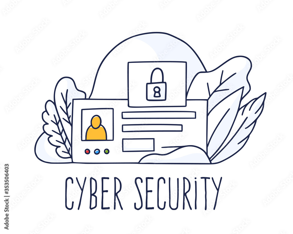 MCyber security concept. Online data protection internet security concept with personal ID doodle horizontal isolated copy space.