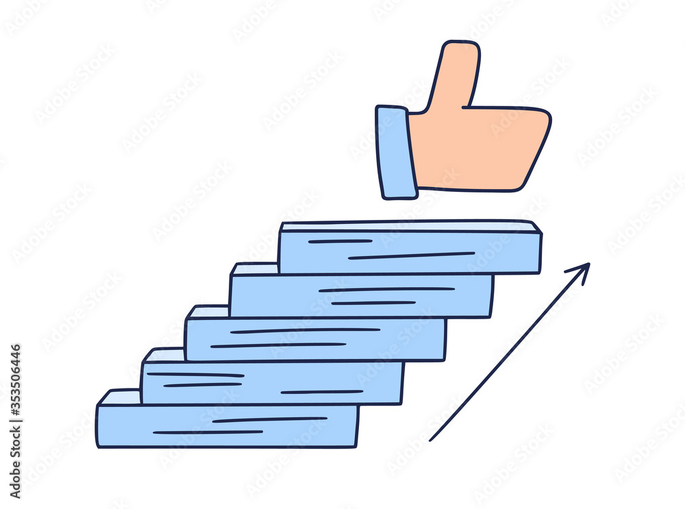 Steps up to the like. Vector Doodle illustration drawn by hand with steps or stairs on top of which is an icon of the thumbs-up. The path to success and achieving goals. Vector illustration Steps up to the like. Vector Doodle illustration drawn by hand with steps or stairs on top of which is an icon of the thumbs-up. The path to success and achieving goals. Vector illustration