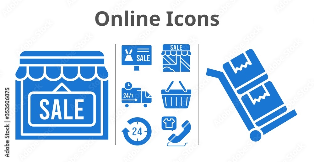 online icons set. included online shop, 24-hours, shop, phone call, shopping-basket, delivery truck, trolley icons. filled styles. online icons set. included online shop, 24-hours, shop, phone call, shopping-basket, delivery truck, trolley icons. filled styles.