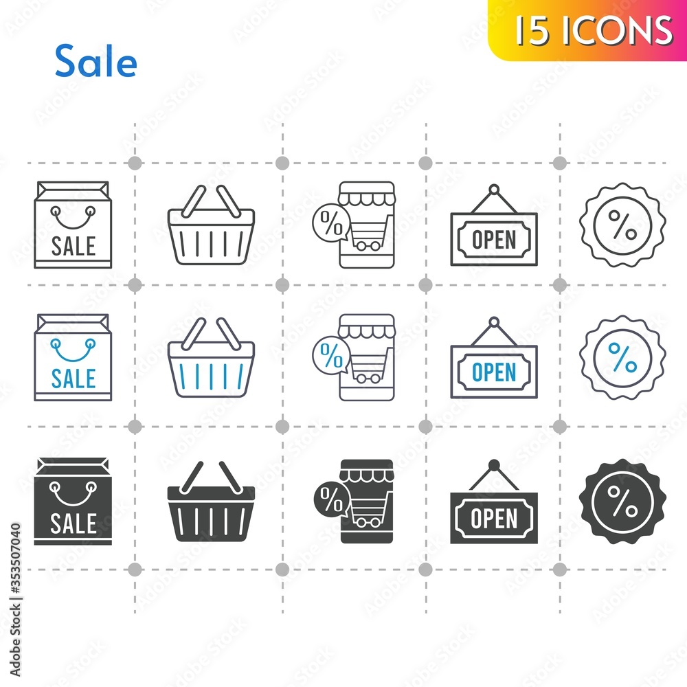 sale icon set. included shopping bag, online shop, discount, shopping-basket, shopping basket, open icons on white background. linear, bicolor, filled styles. sale icon set. included shopping bag, online shop, discount, shopping-basket, shopping basket, open icons on white background. linear, bicolor, filled styles.