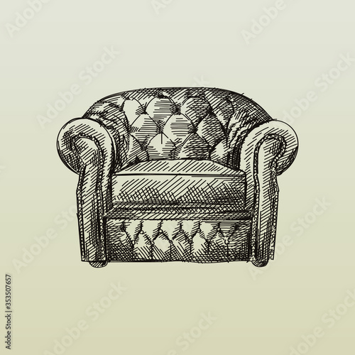 Hand-drawn sketch of Chesterfield leather armchair with quilted and long backrest. Armchair of the antique period. Vintage armchair. Chesterfield sofas	
