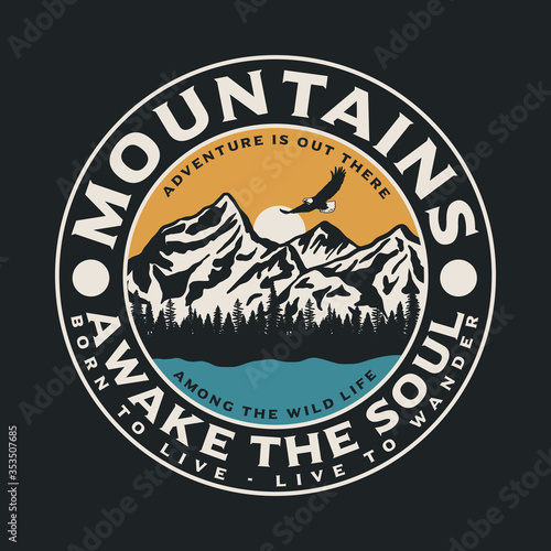 Outdoor Theme Mountain and Lake View Illustration with Wild Life Slogans Vector Artwork For T-shirt Print And Other Uses