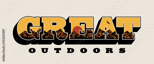 Great Outdoors Slogan with Sunset and Mountains Illustration Inside Vector Artwork for T-shirt Print and Other Uses