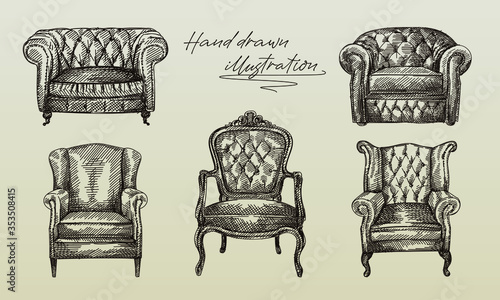Hand-drawn sketch of collection of 5 armchairs of antique period. Chesterfield leather armchair with quilted and long backrest. Armchair of the antique period. Vintage armchair. Chesterfield sofas 