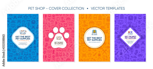 Set of colorful banner template for pet shop, veterinary clinic, pet store, zoo, shelter. Card, flyer, banner, poster for advertisement with outline pattern. Flat style design, vector illustration.