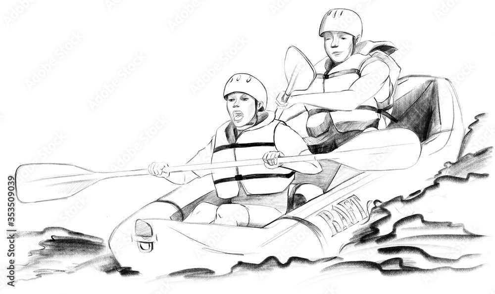 Sketch of rafting boat. Family paddling down the river hand drawn illustration