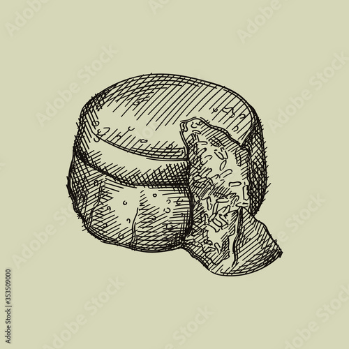 Hand-drawn vintage sketch of Azerbaijani national meal known as khan or shah pilaf. The dish made of rice which is then placed inside a bowl lined with lavash and dried fruits on top of the rice.	
